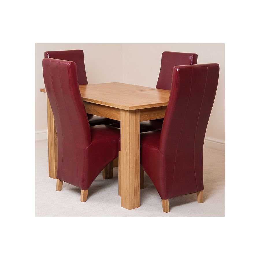 Hampton Small Oak Extending Dining Table with 4 Lola Burgundy Leather Chairs