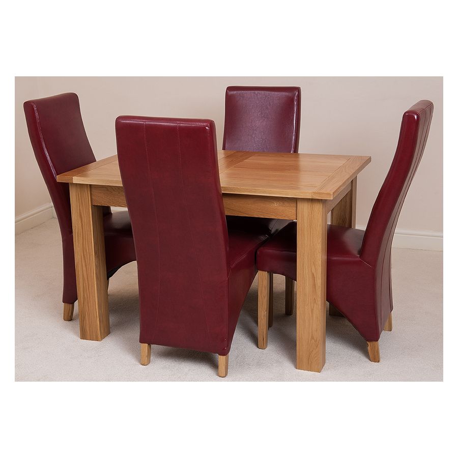 Hampton Small Oak Extending Dining Table with 4 Lola Burgundy Leather Chairs