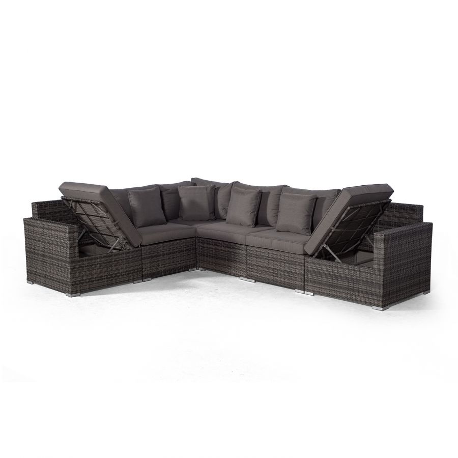 Havana L Shape Modular 7 Seat Rattan Corner Sofa & Armchair Set With Coffee Table & Ottoman - Grey
