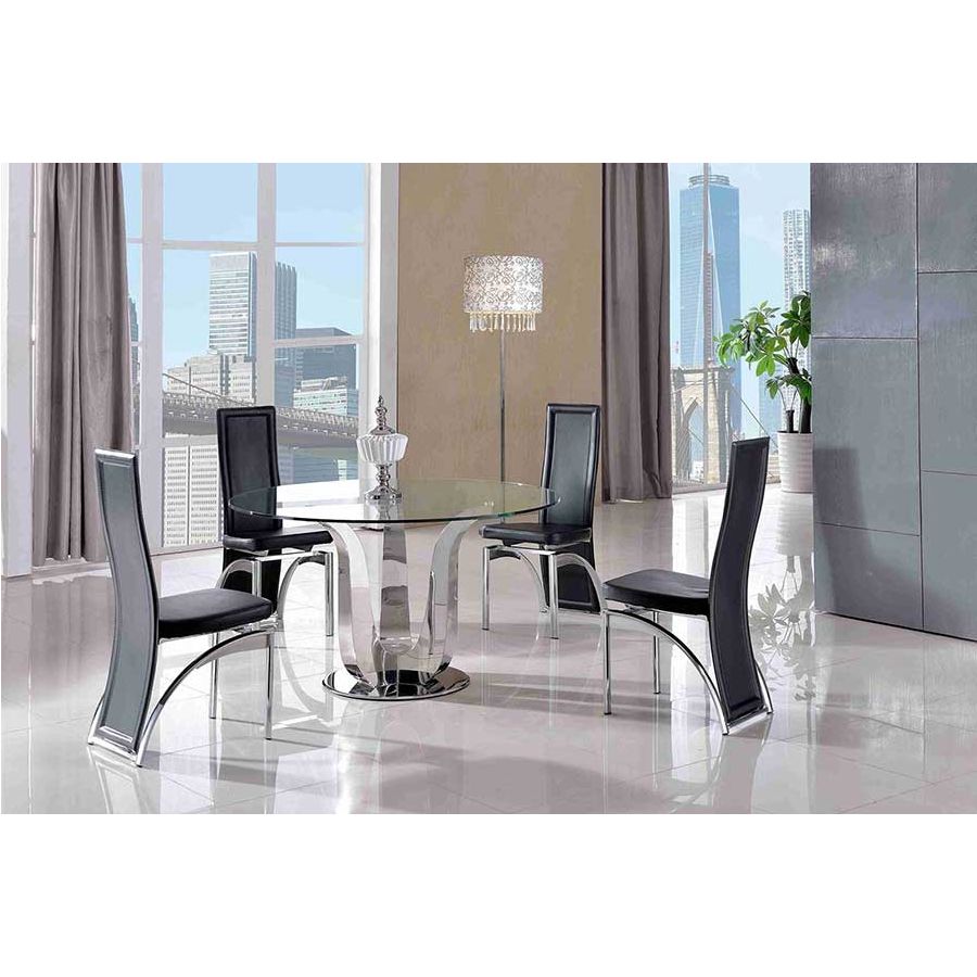 naples round glass dining table  4 alisa black leather chairs