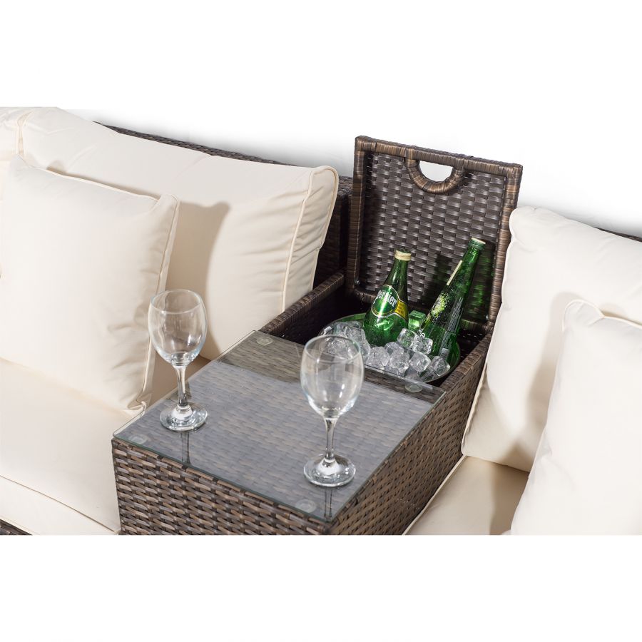 Santorini U Shape Modular 8 Seat Rattan Sofa Set With Armrest Drinks Cooler, 2 Coffee Tables & 4 Stools - Brown