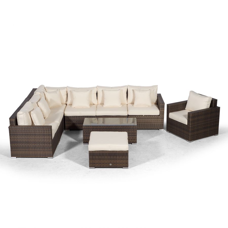 Havana L Shape Modular 7 Seat Rattan Corner Sofa & Armchair Set With Coffee Table & Ottoman - Brown