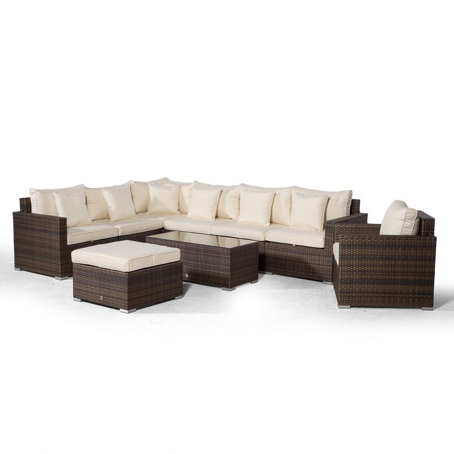 Havana L Shape Modular 7 Seat Rattan Corner Sofa & Armchair Set With Coffee Table & Ottoman - Brown