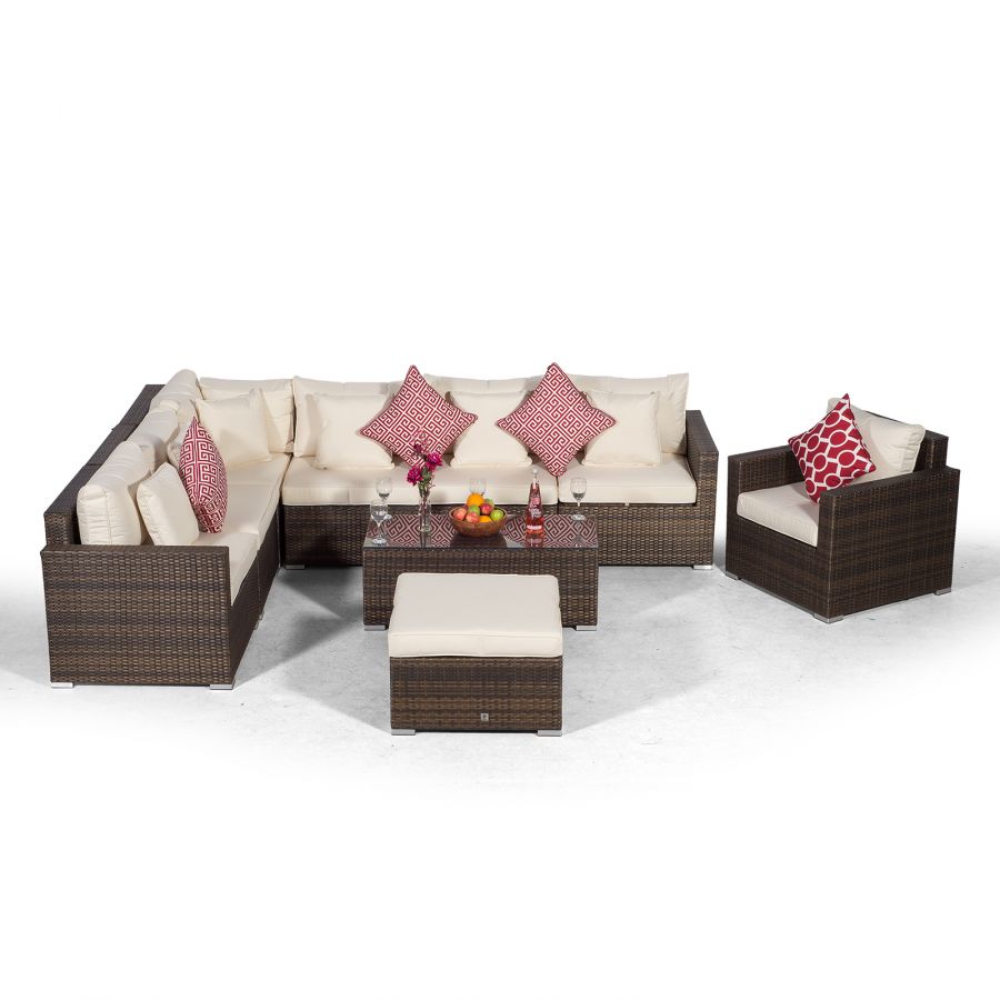 Havana L Shape Modular 7 Seat Rattan Corner Sofa & Armchair Set With Coffee Table & Ottoman - Brown