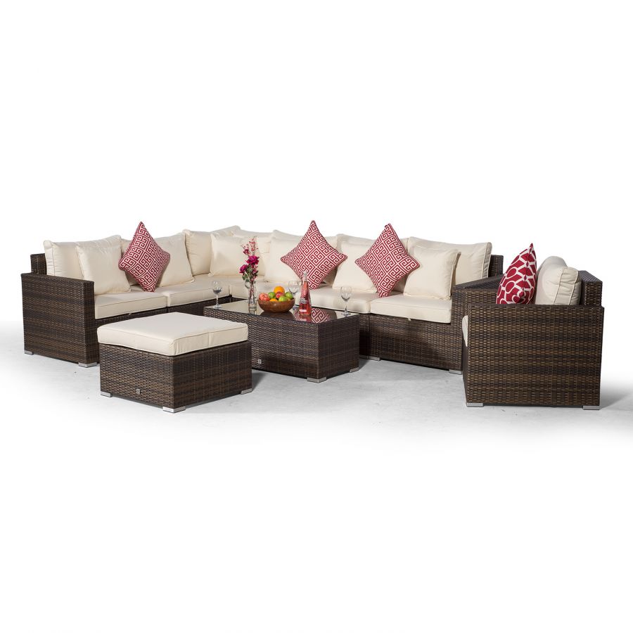 Havana L Shape Modular 7 Seat Rattan Corner Sofa & Armchair Set With Coffee Table & Ottoman - Brown