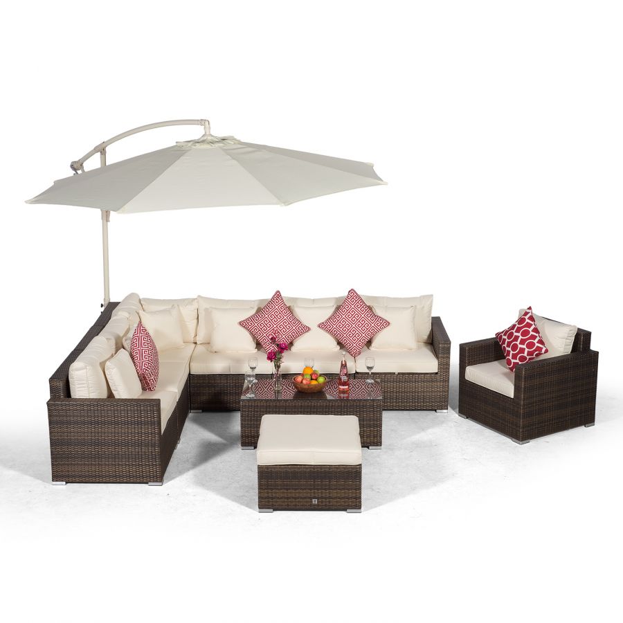 Havana L Shape Modular 7 Seat Rattan Corner Sofa & Armchair Set With Coffee Table & Ottoman - Brown