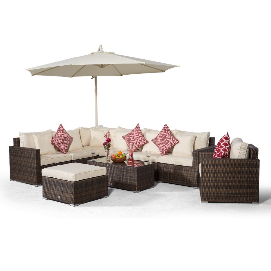 Havana L Shape Modular 7 Seat Rattan Corner Sofa & Armchair Set With Coffee Table & Ottoman - Brown