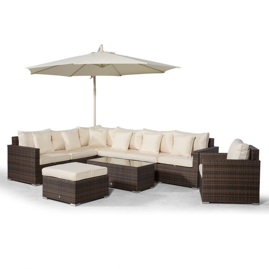 Havana L Shape Modular 7 Seat Rattan Corner Sofa & Armchair Set With Coffee Table & Ottoman - Brown
