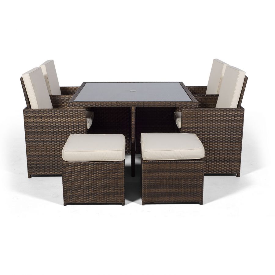 Giardino Rattan 4 Seater Cube Dining Table Chairs Set With Stools Parasol - Cube 4 Seater Rattan Effect Patio Set