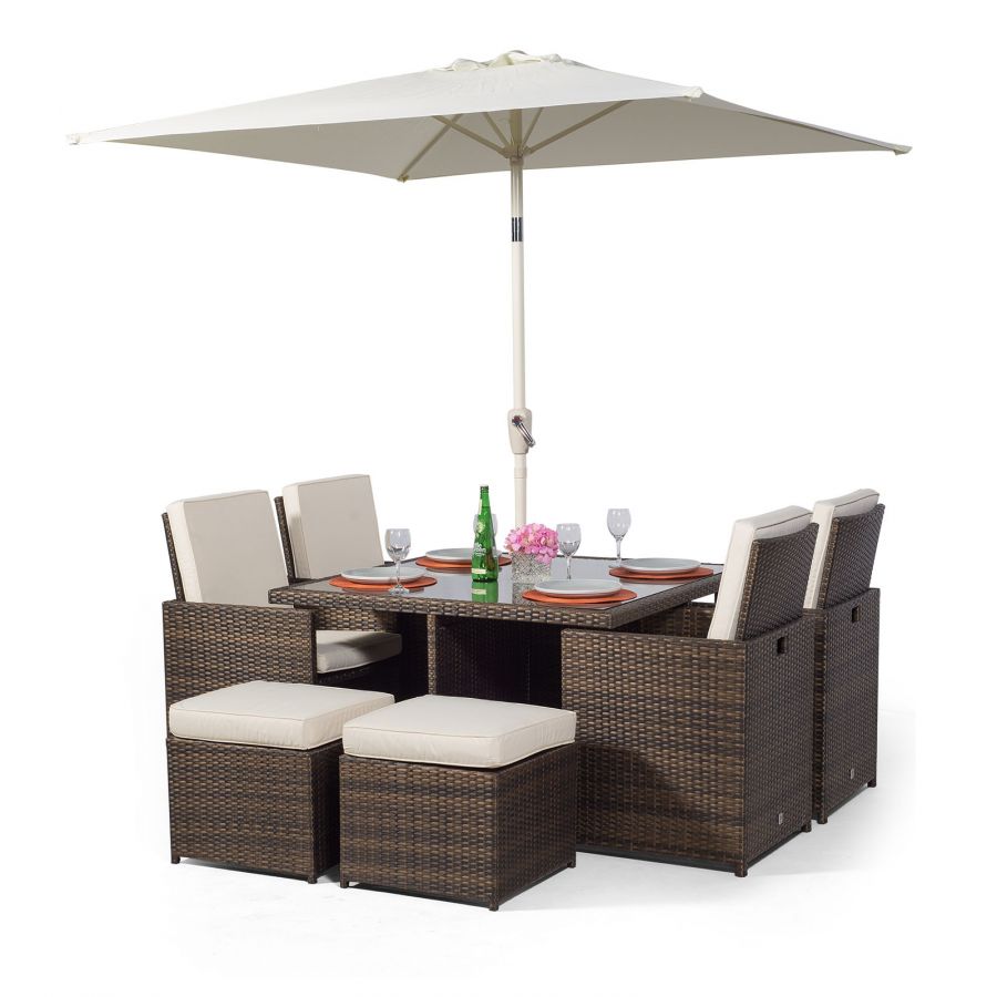 Giardino Rattan 4 Seater Cube Dining Table & Chairs Set with 4 Stools
