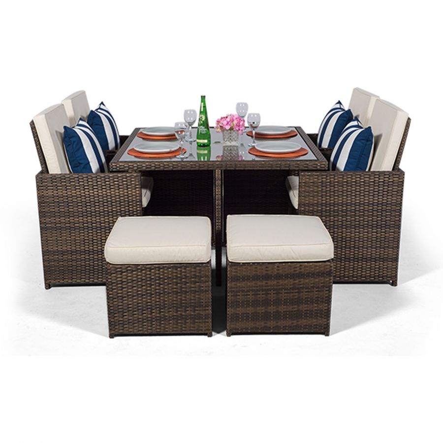 Giardino Rattan 4 Seater Cube Dining Table & Chairs Set with 4 Stools