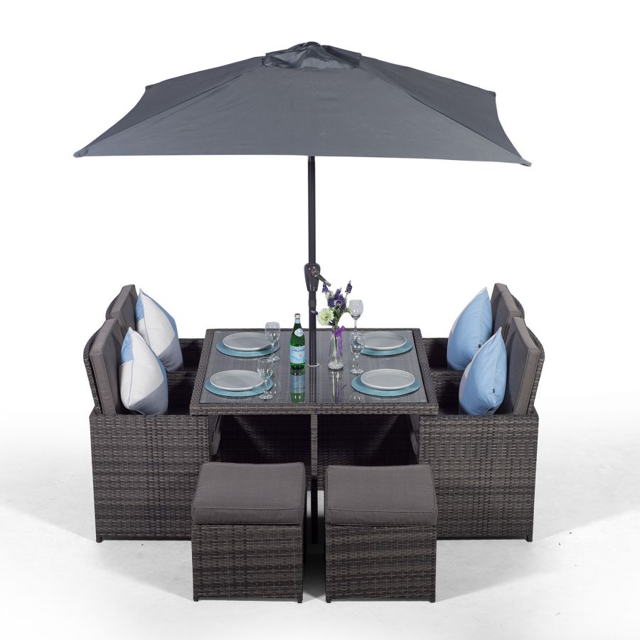 Giardino Rattan 4 Seater Cube Dining Table Chairs Set With Stools Parasol Grey - Cube 4 Seater Rattan Effect Patio Set