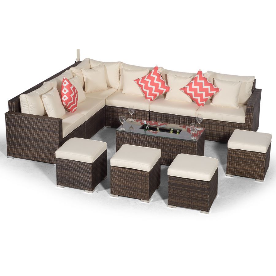 Havana - Modular 10  Seat Drinks Cooler Rattan Corner Sofa Dining Set With Stools & Coffee Table - Brown