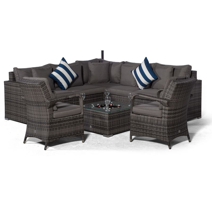 Havana - Modular 7 Seat Drinks Cooler Rattan Corner Sofa Dining Set With Luxury Padded Dining Chairs & Coffee Table - Grey