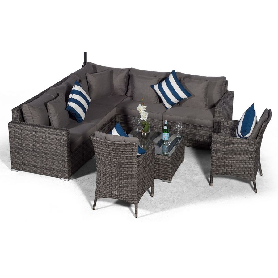 Havana - Modular 7 Seat Rattan Corner Sofa Dining Set With Padded Dining Chairs & Coffee Table - Grey