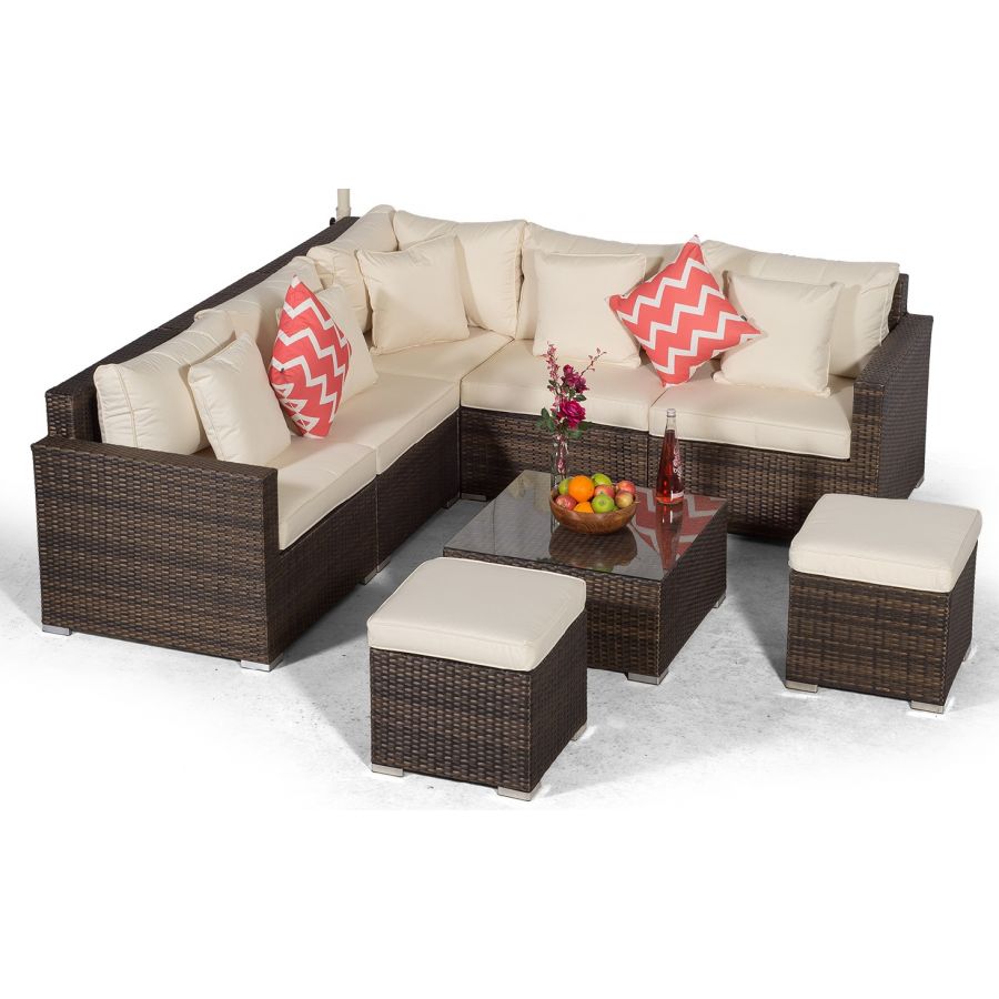 Havana - Modular 7 Seat Rattan Corner Sofa Dining Set With Stools & Coffee Table - Brown