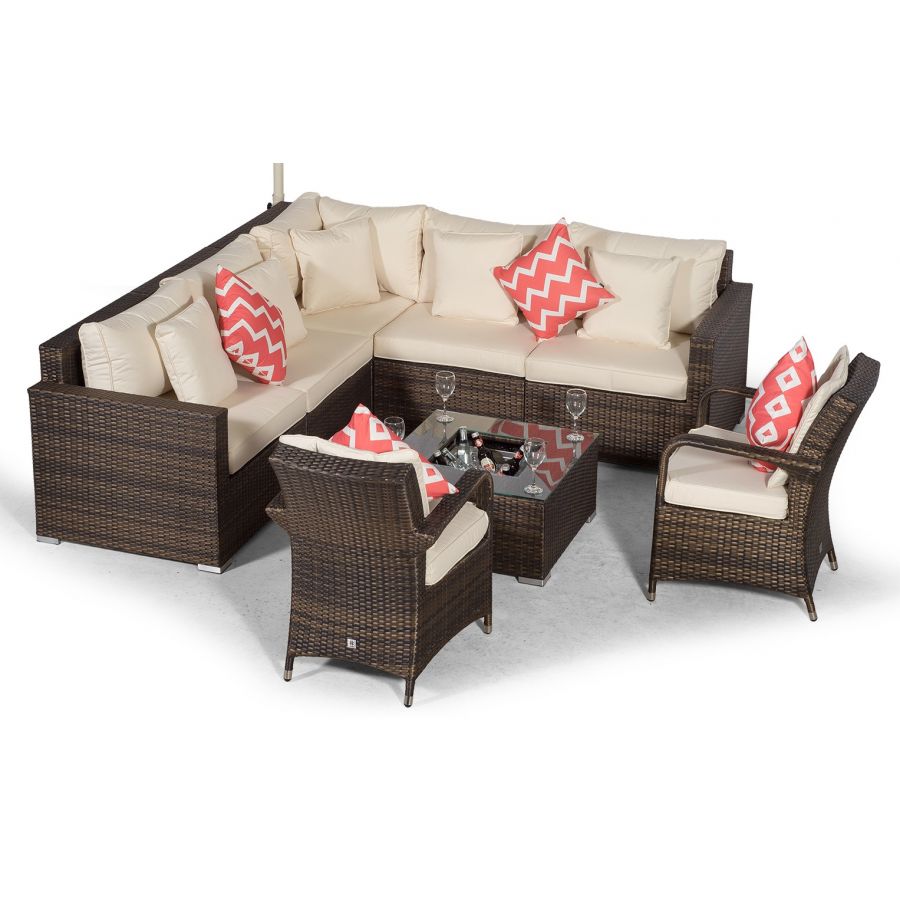 Havana - Modular 7 Seat Drinks Cooler Rattan Corner Sofa Dining Set With Luxury Padded Dining Chairs & Coffee Table - Brown