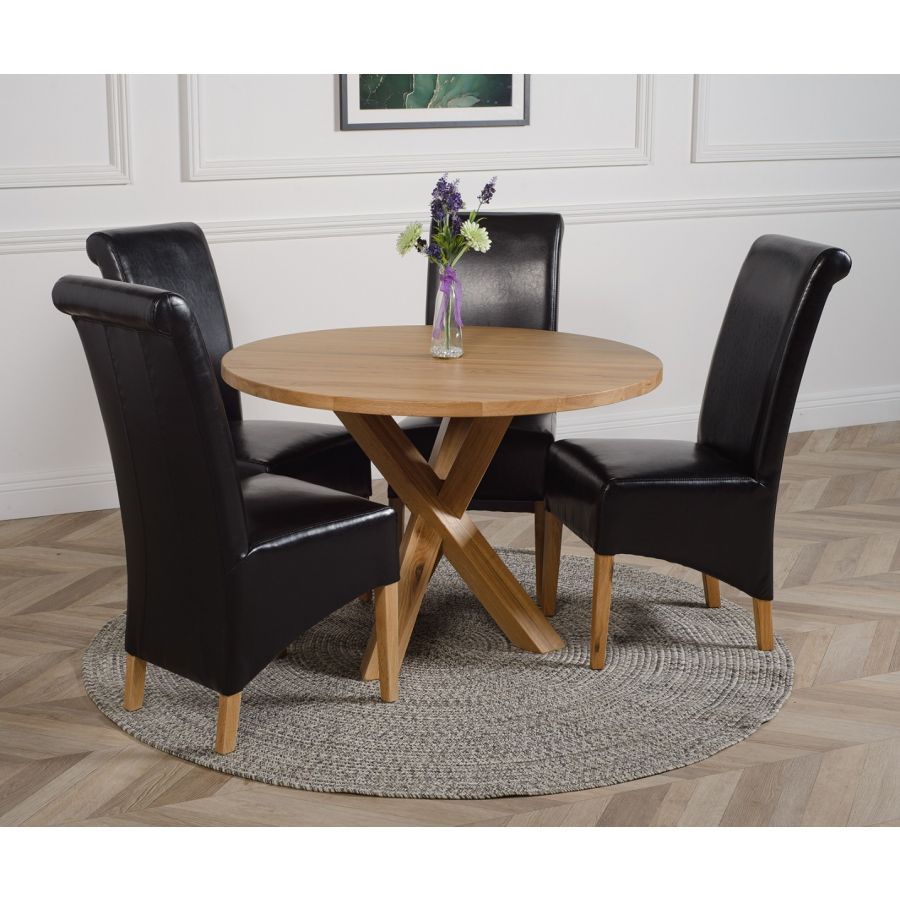 Oregon Round Oak Dining Table with 4 Montana Black Leather Chairs Oak
