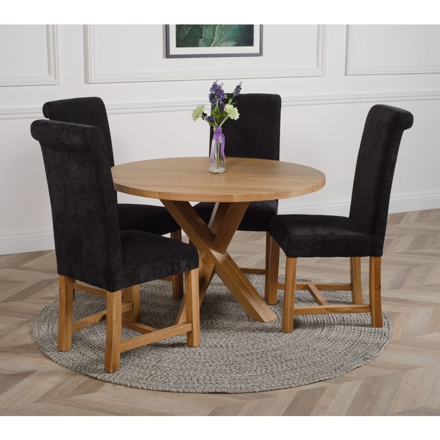 Oregon Round Oak Dining Table With 4 Washington Black Fabric Chairs Oak Furniture King