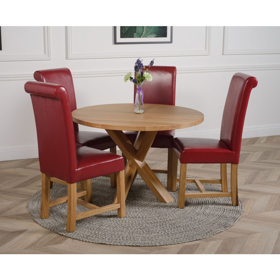 Oregon Round Oak Dining Table with 4 Washington Burgundy Leather Chairs ...