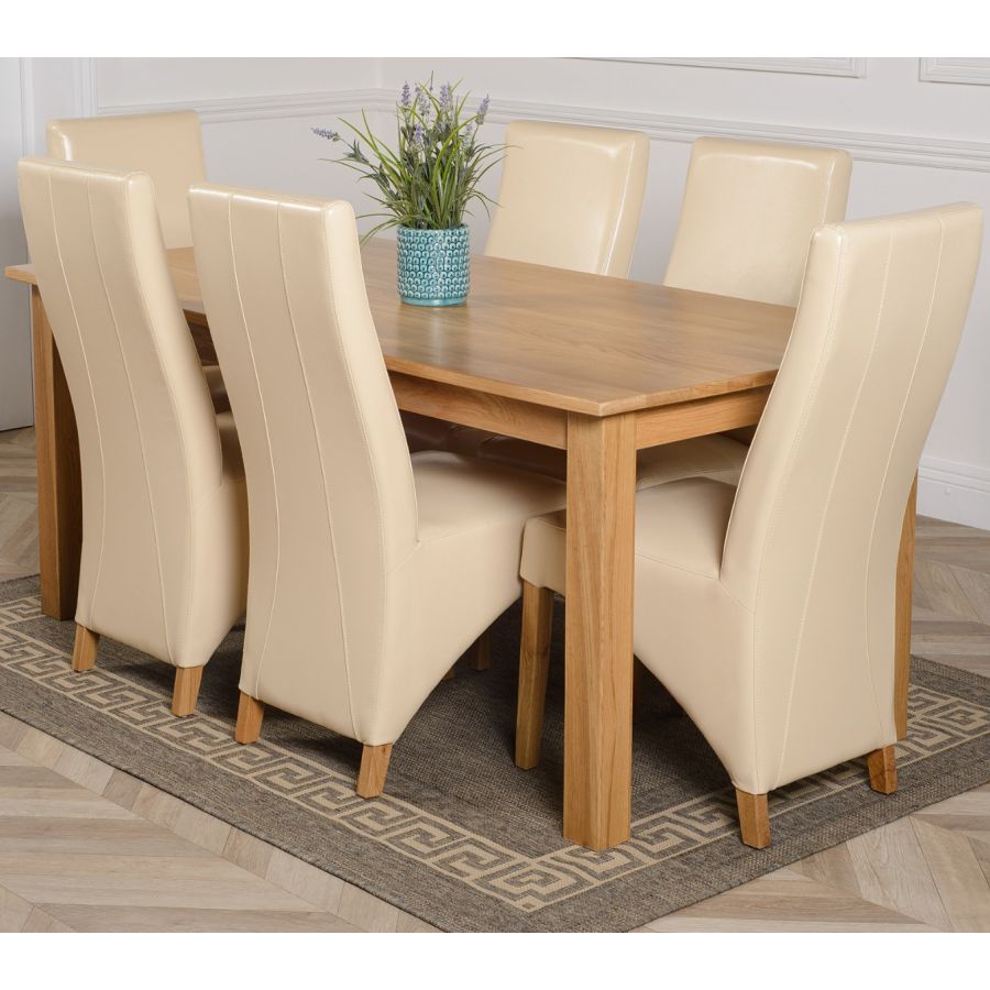 Oslo Large Oak Dining Set with 6 Lola Ivory Leather Chairs Oak