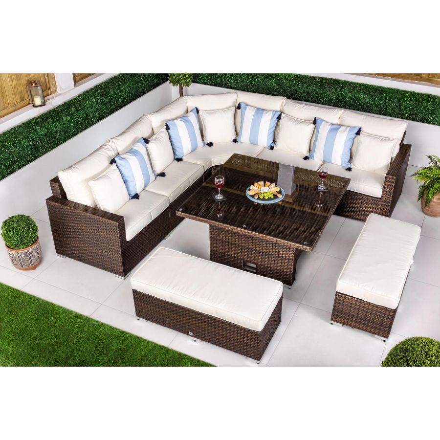 Santorini 5 Seat Rattan Sofa Set With Height Adjustable Coffee Table + 2 x benches - Brown