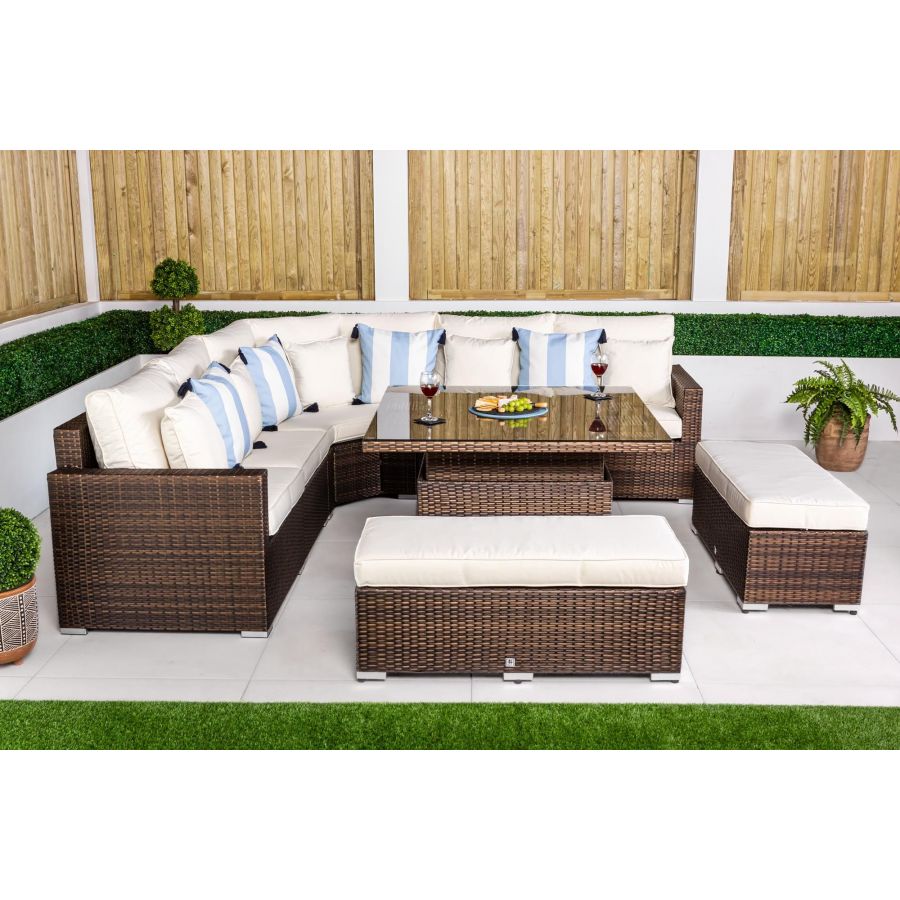 Santorini 5 Seat Rattan Sofa Set With Height Adjustable Coffee Table + 2 x benches - Brown