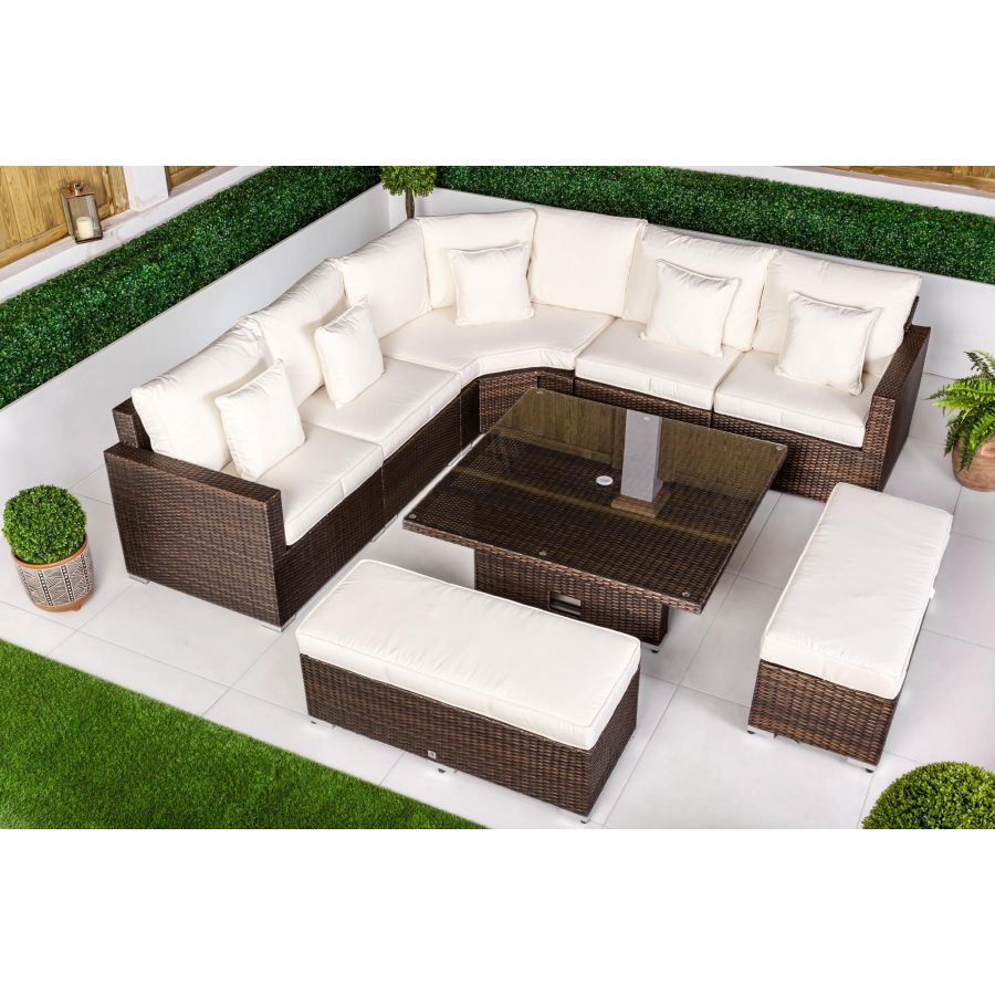 Santorini 5 Seat Rattan Sofa Set With Height Adjustable Coffee Table + 2 x benches - Brown