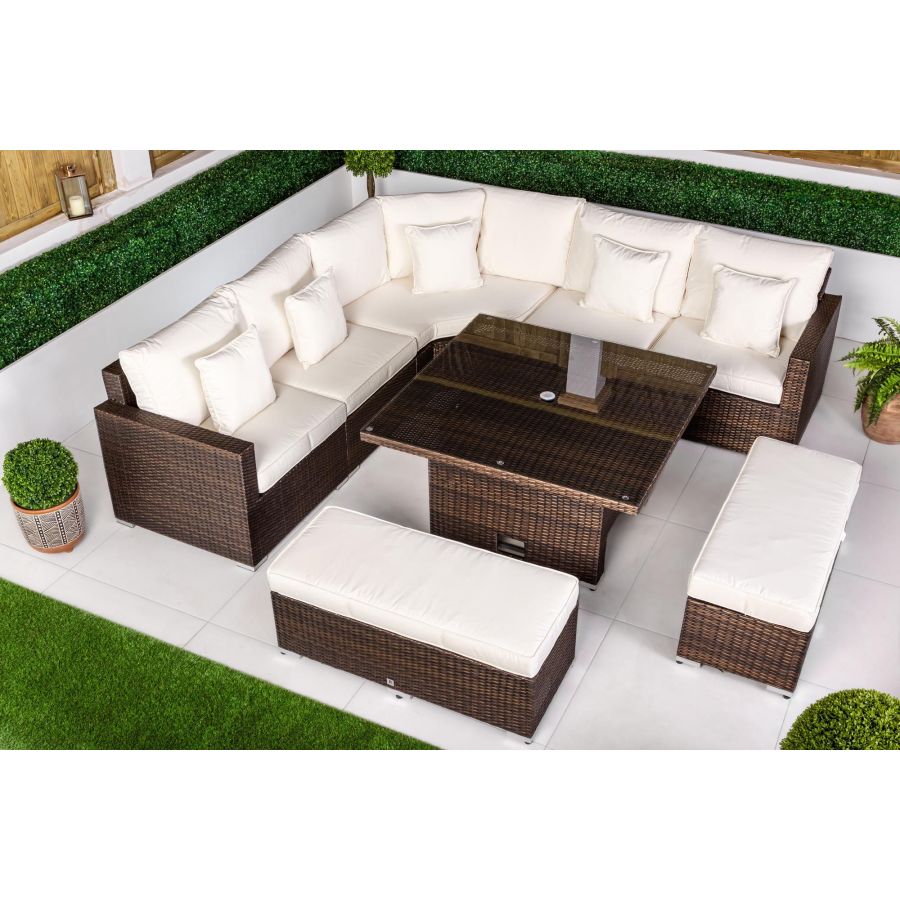 Santorini 5 Seat Rattan Sofa Set With Height Adjustable Coffee Table + 2 x benches - Brown