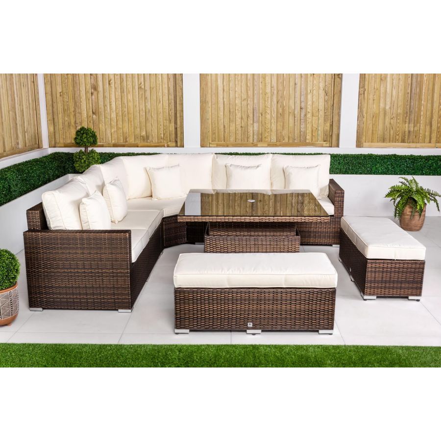Santorini 5 Seat Rattan Sofa Set With Height Adjustable Coffee Table + 2 x benches - Brown