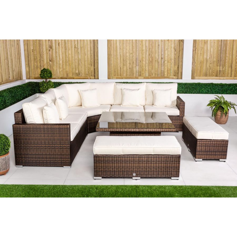 Santorini 5 Seat Rattan Sofa Set With Height Adjustable Coffee Table + 2 x benches - Brown
