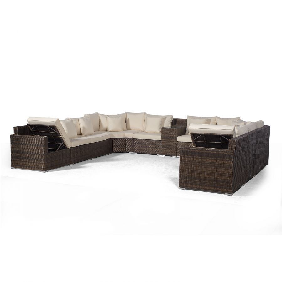 Santorini U Shape Modular 10 Seat Rattan Sofa Set With Armrest Drinks Cooler, 2 Coffee Tables & 4 Stools - Brown