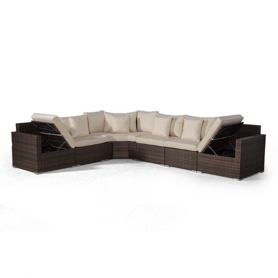 Santorini L Shape Modular 6 Seat Rattan Corner Sofa Set With Large Drinks Cooler Coffee Table & Ottoman - Brown