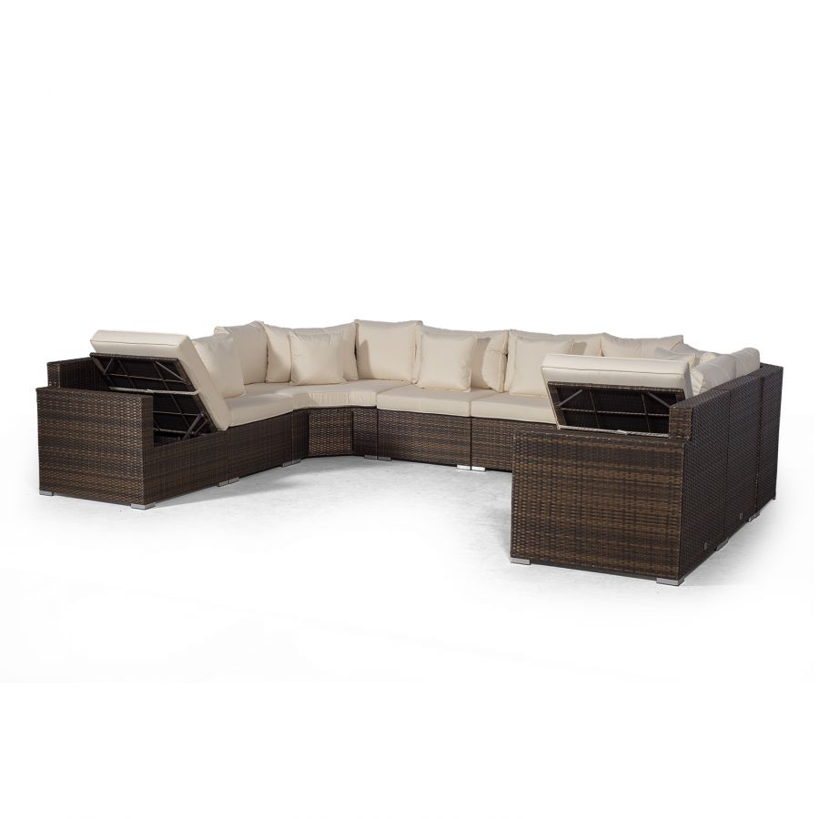 Santorini U Shape Modular 8 Seat Rattan Sofa Set With 2 Large Coffee Tables & 4 Stools - Brown