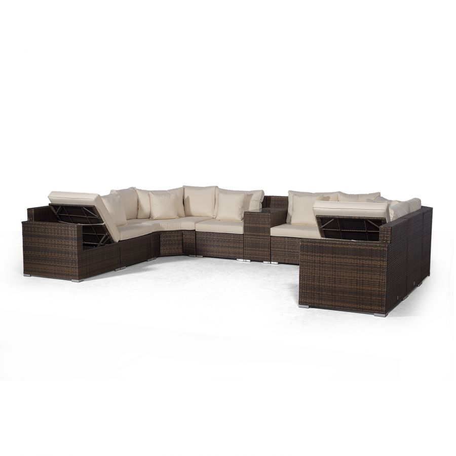 Santorini U Shape Modular 8 Seat Rattan Sofa Set With Armrest Drinks Cooler, 2 Coffee Tables & 4 Stools - Brown