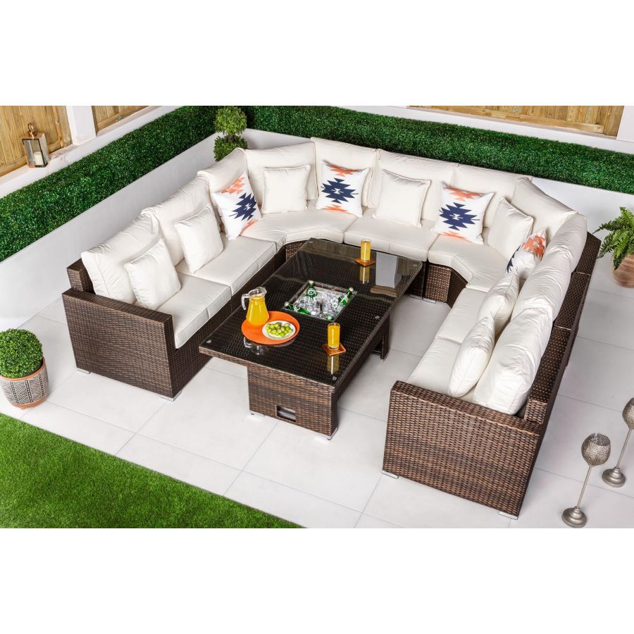 Santorini 7 Seat Rattan Sofa Set With Height Adjustable Ice Bucket Coffee Table - Brown