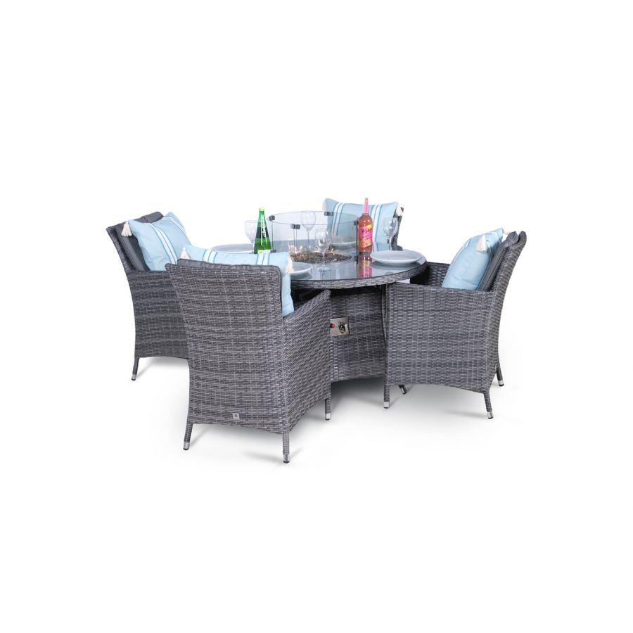 Savannah Fire Pit 4 Seater Round Rattan Dining Set - Grey