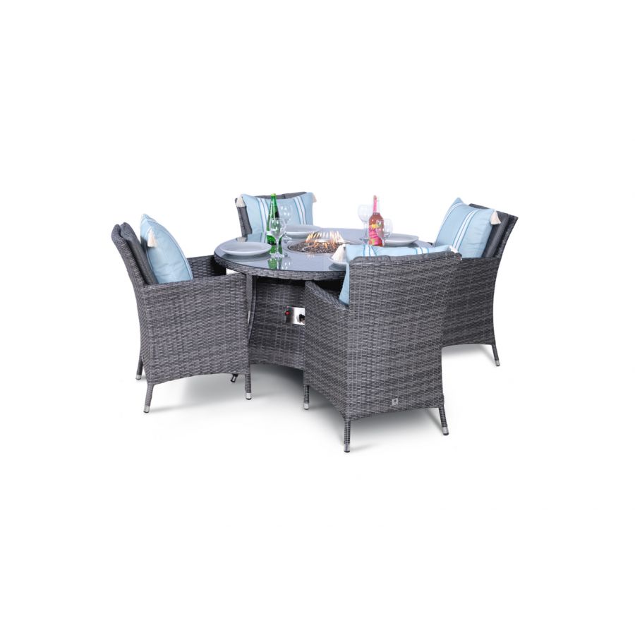 Savannah Fire Pit 4 Seater Round Rattan Dining Set - Grey