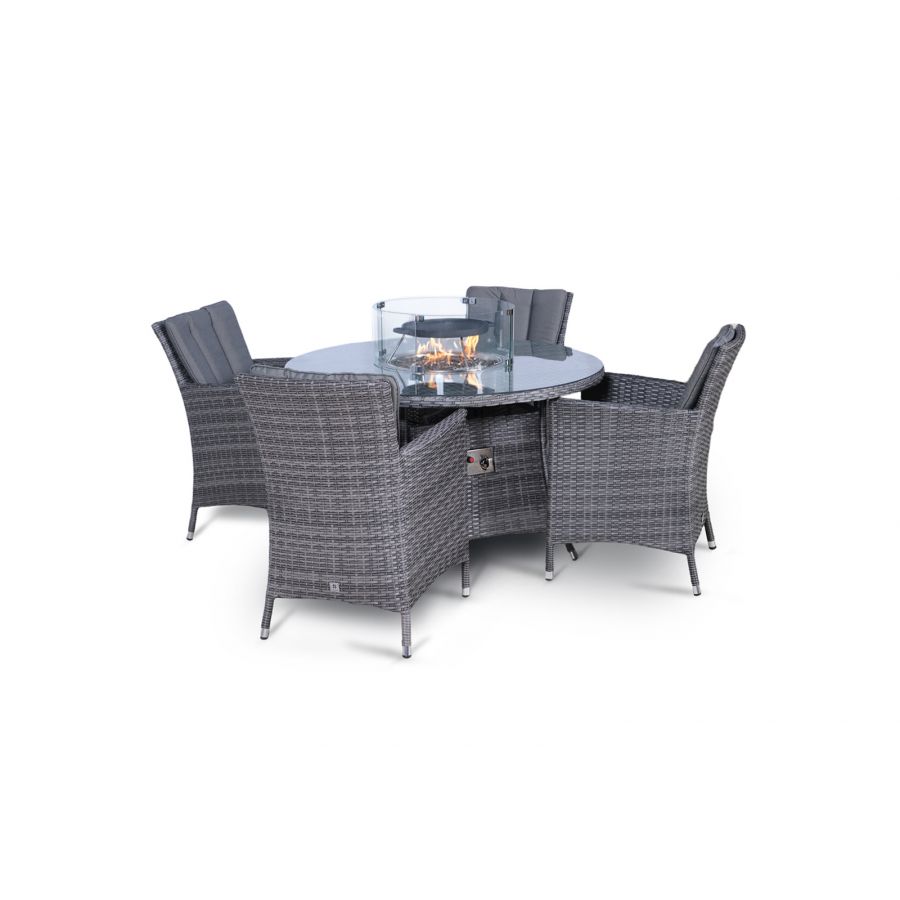 Savannah Fire Pit 4 Seater Round Rattan Dining Set - Grey