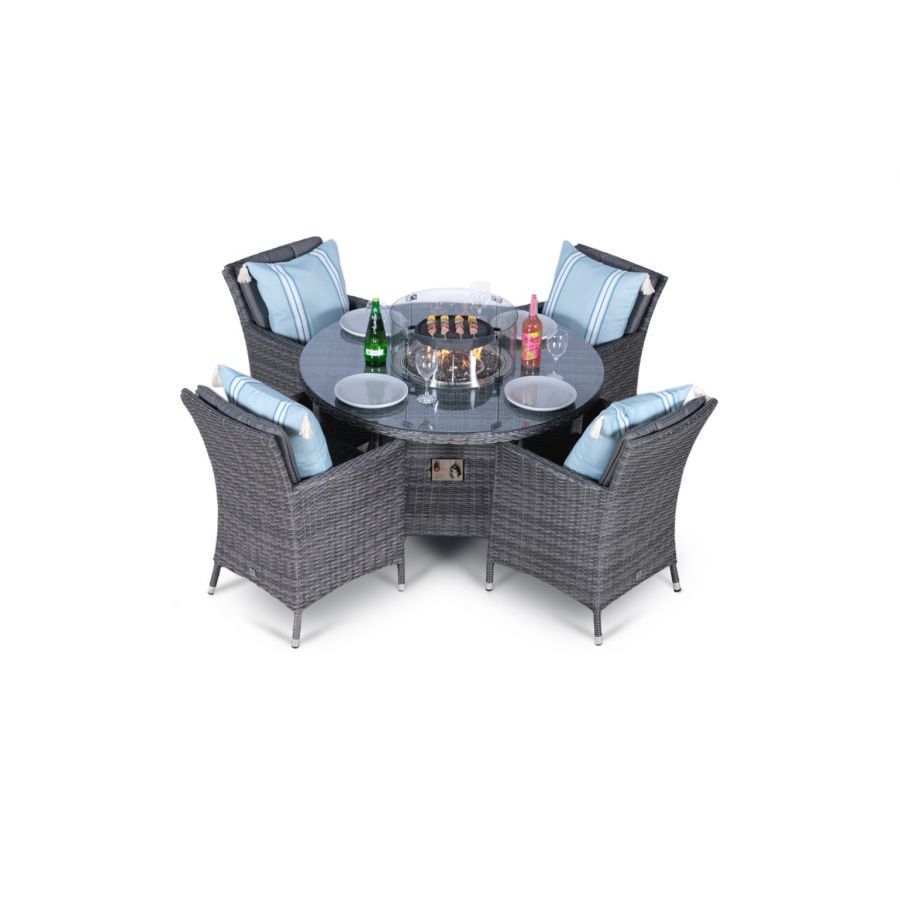 Savannah Fire Pit 4 Seater Round Rattan Dining Set - Grey