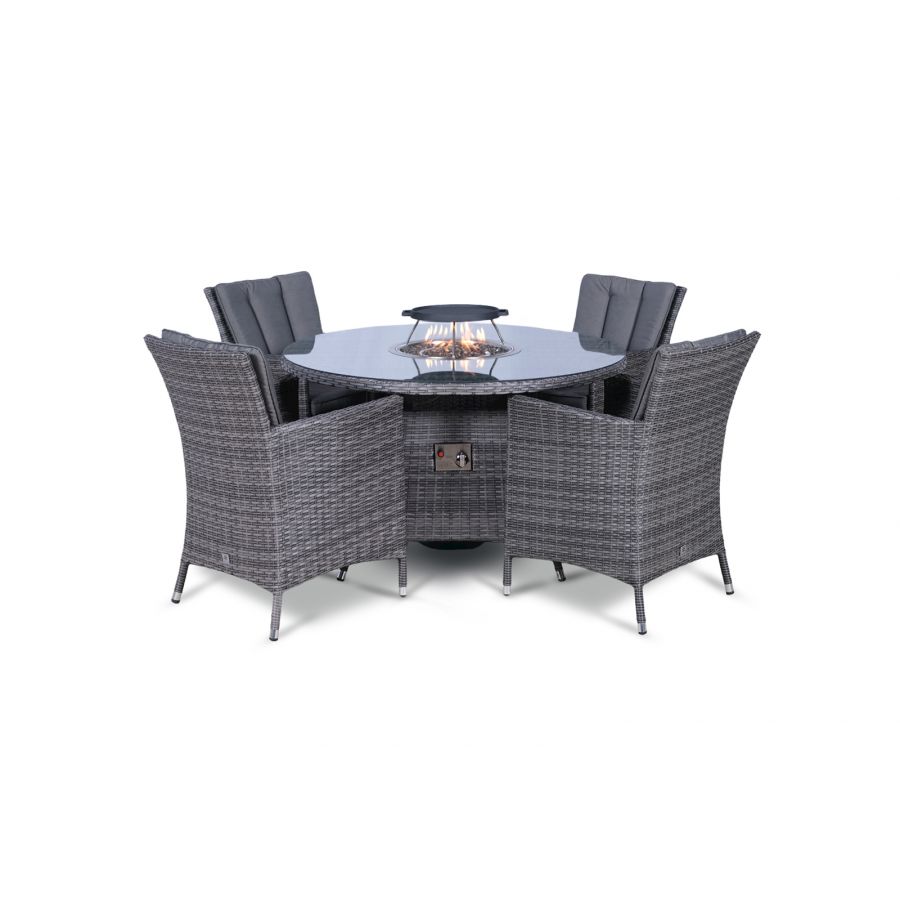 Savannah Fire Pit 4 Seater Round Rattan Dining Set - Grey