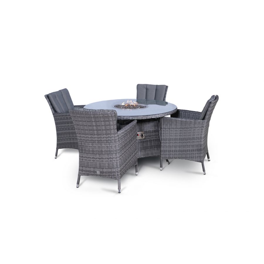 Savannah Fire Pit 4 Seater Round Rattan Dining Set - Grey