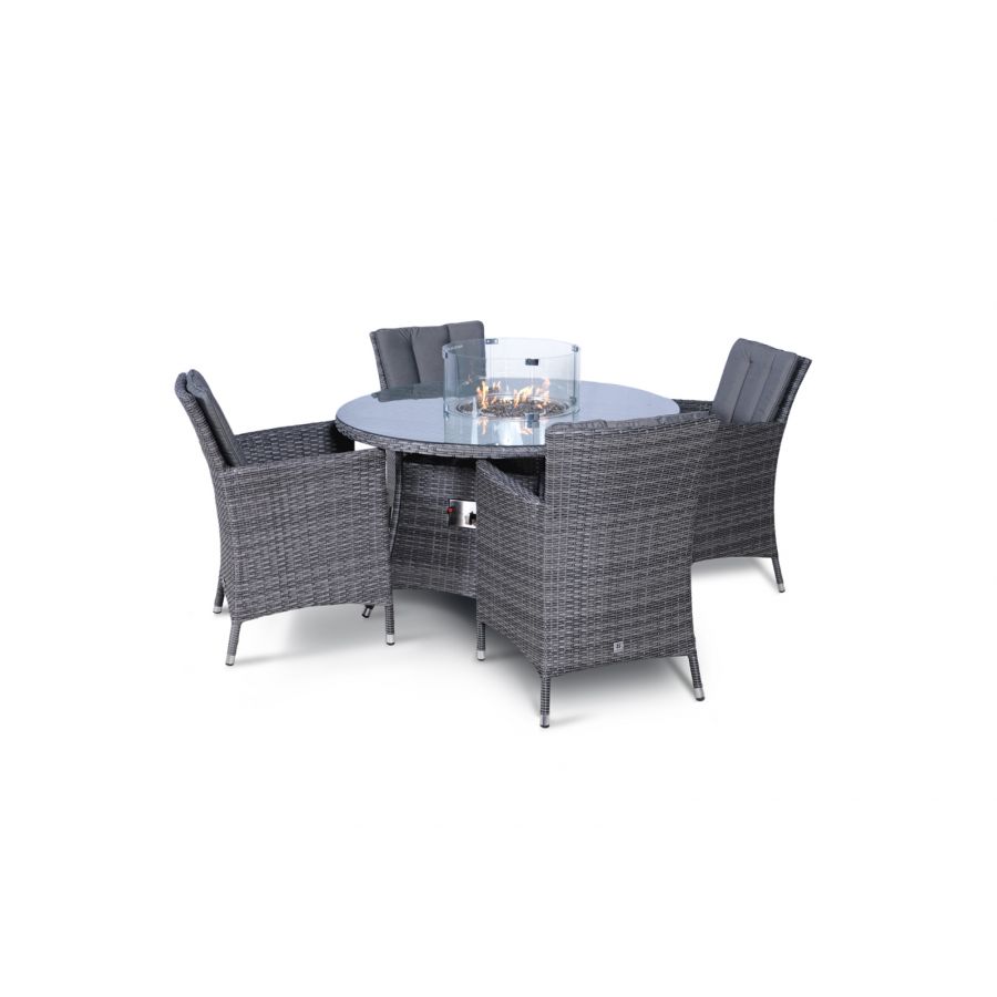 Savannah Fire Pit 4 Seater Round Rattan Dining Set - Grey
