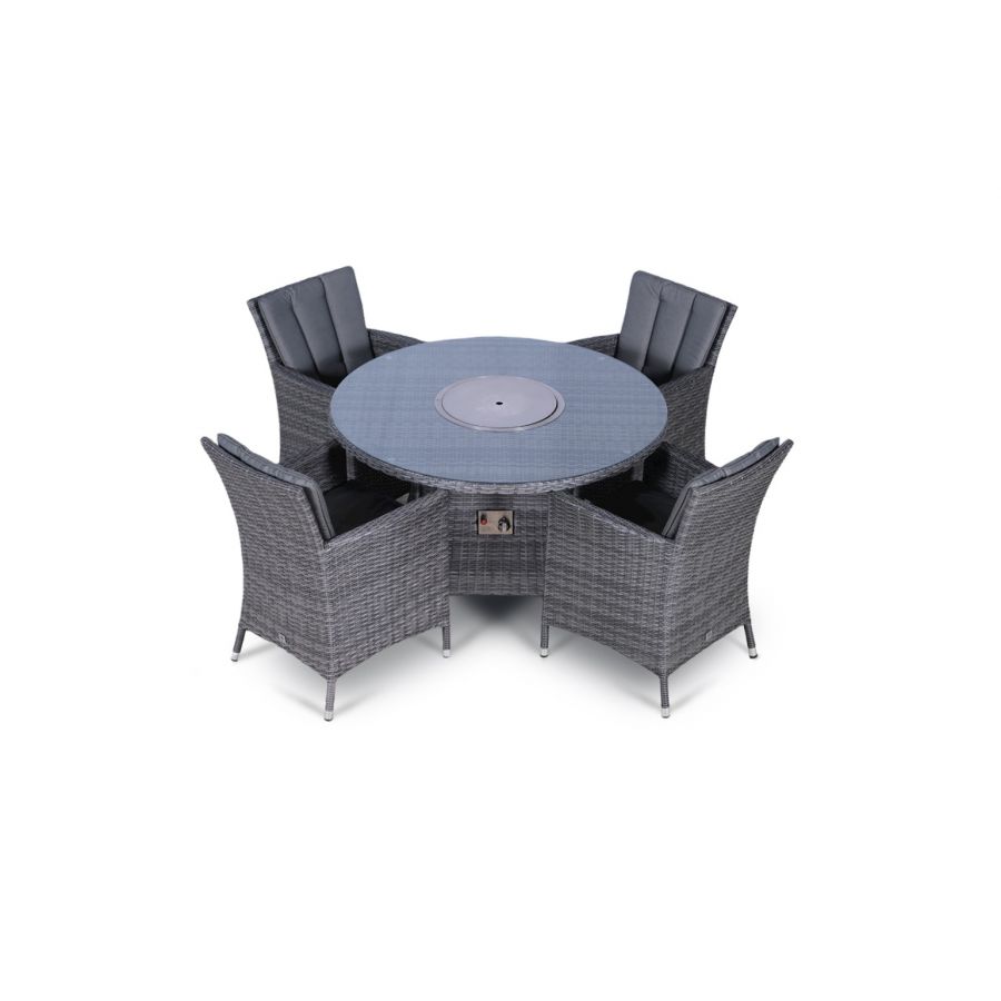 Savannah Fire Pit 4 Seater Round Rattan Dining Set - Grey