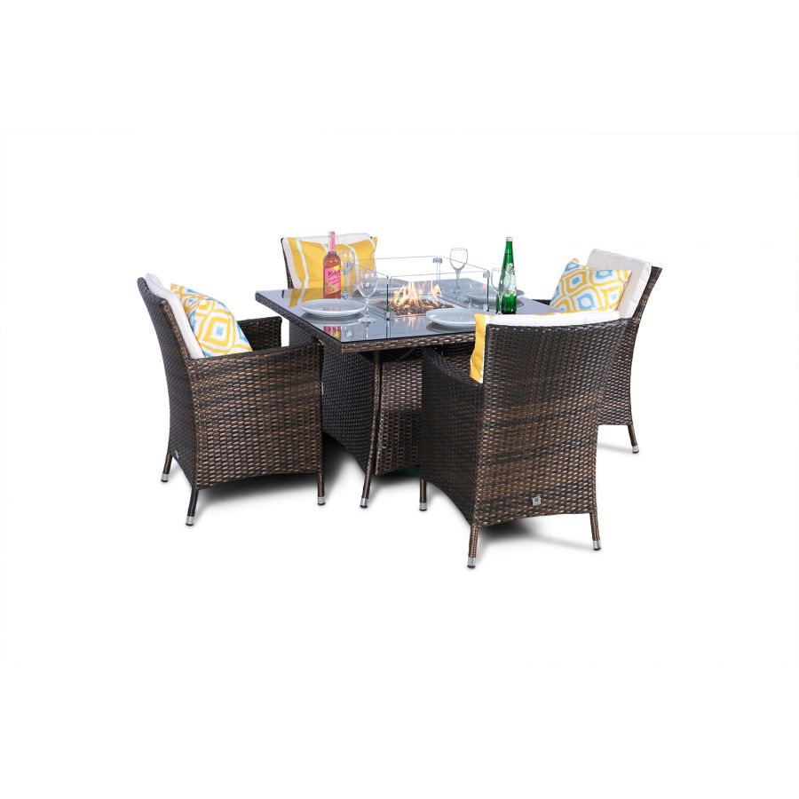 Savannah Fire Pit 4 Seater Square Rattan Dining Set - Brown