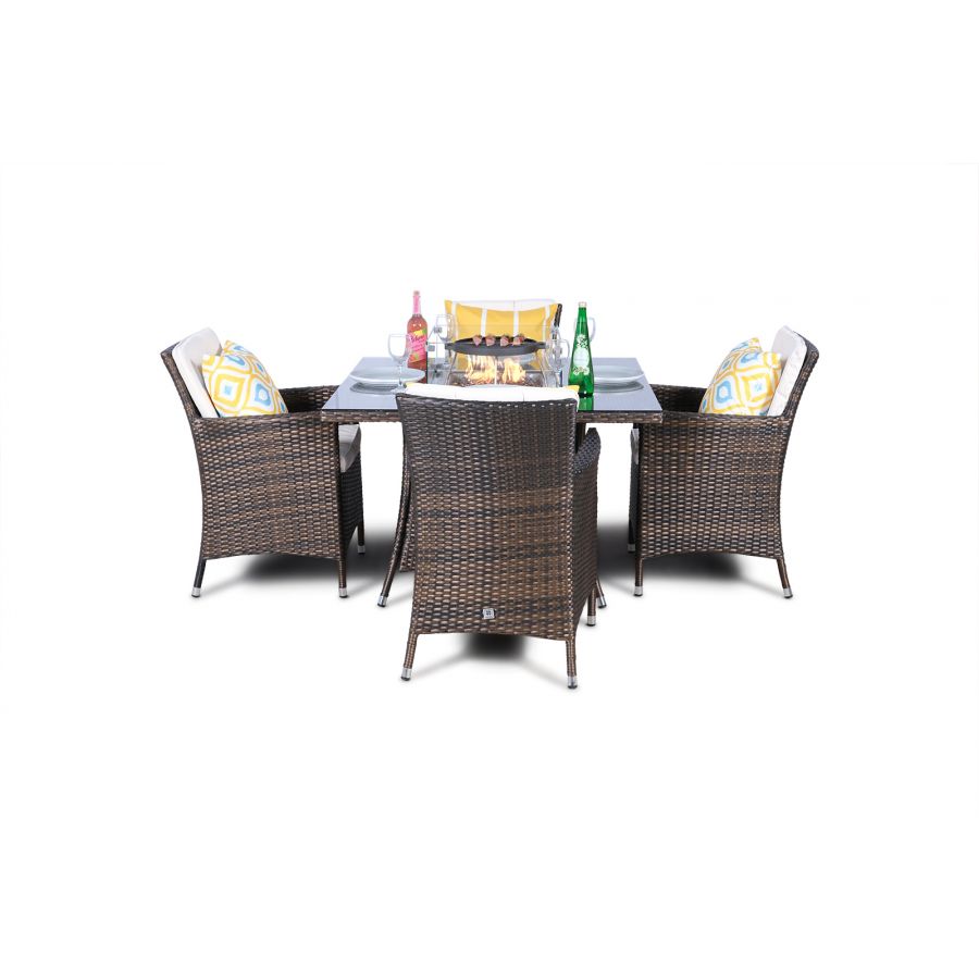 Savannah Fire Pit 4 Seater Square Rattan Dining Set - Brown