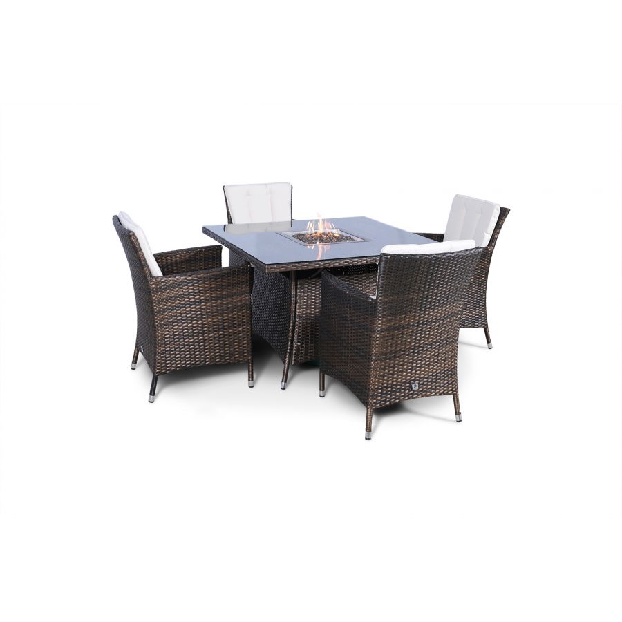 Savannah Fire Pit 4 Seater Square Rattan Dining Set - Brown