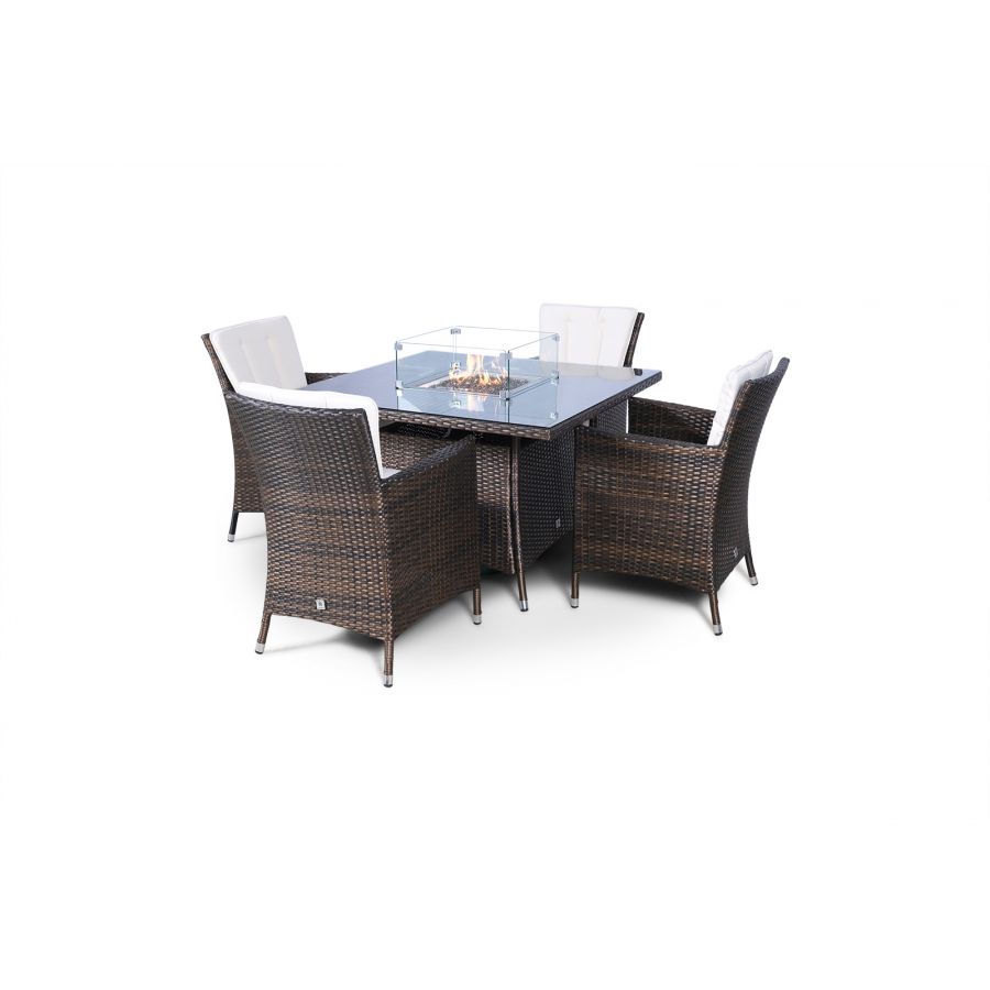 Savannah Fire Pit 4 Seater Square Rattan Dining Set - Brown