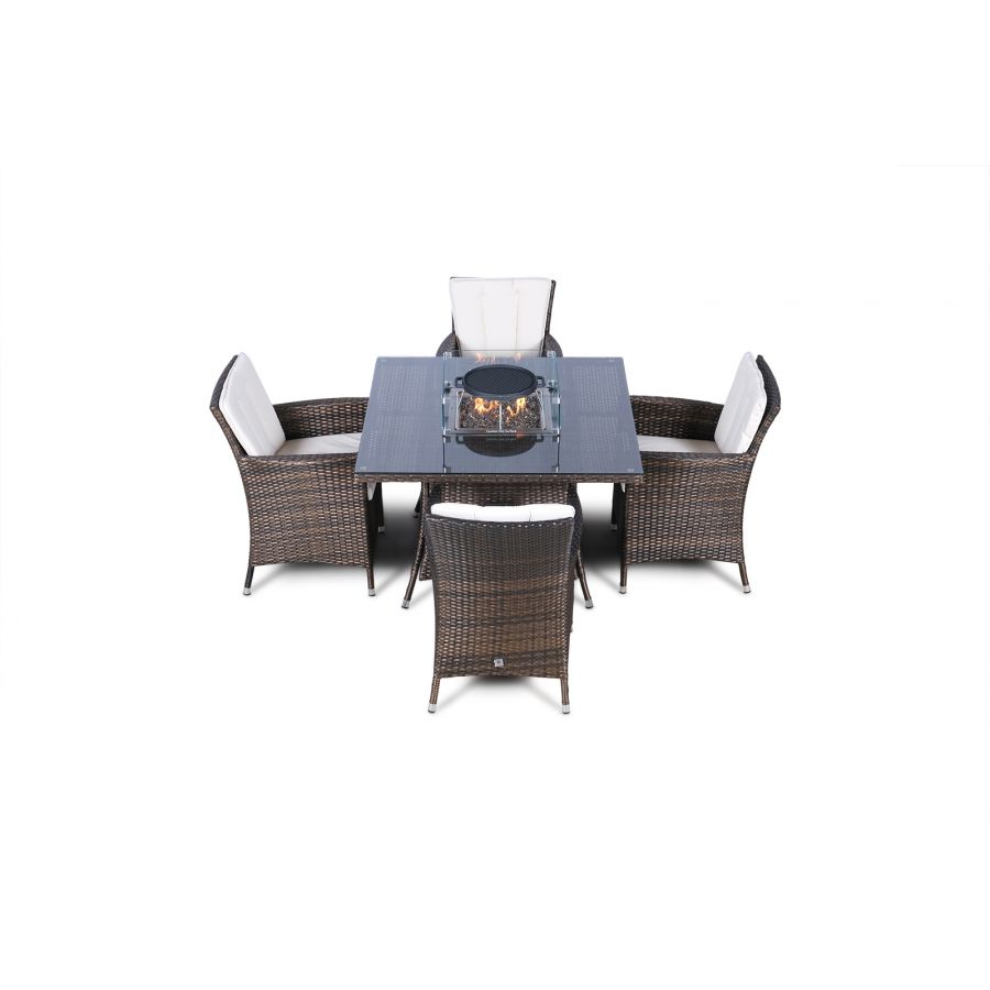 Savannah Fire Pit 4 Seater Square Rattan Dining Set - Brown