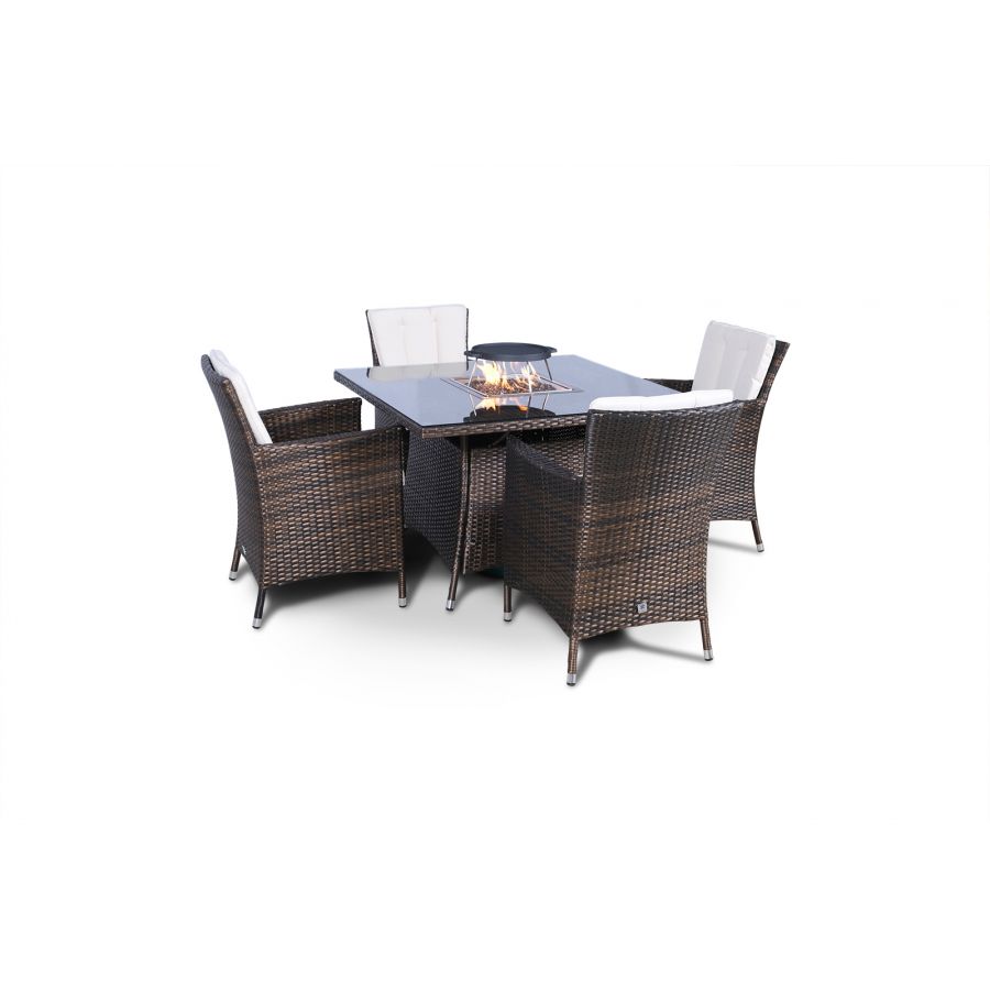 Savannah Fire Pit 4 Seater Square Rattan Dining Set - Brown
